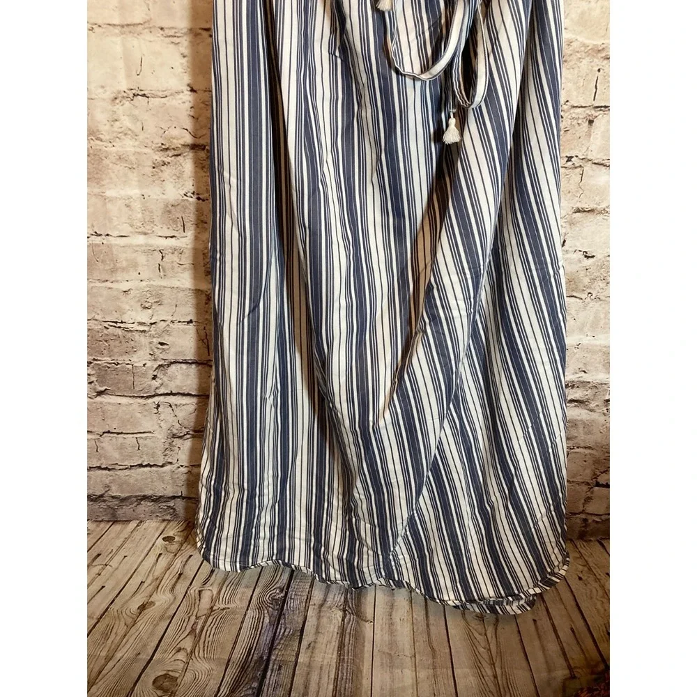 Isabel Maternity Dress Womens Medium Blue Vertical Striped Tasseled One Shoulder - Picture 5 of 16